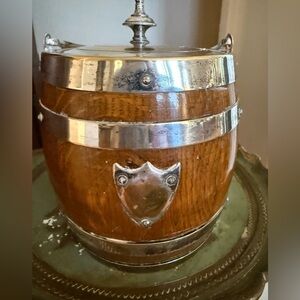Antique English Oak and Silver-Tone Biscuit ( Cookie)  Barrel or Ice Bucket